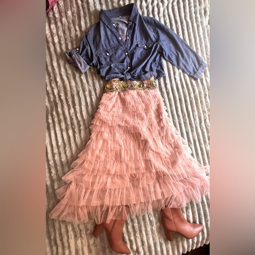 Elegant Pink Beige Layered Skirt SZ M - Picture 9 of 9